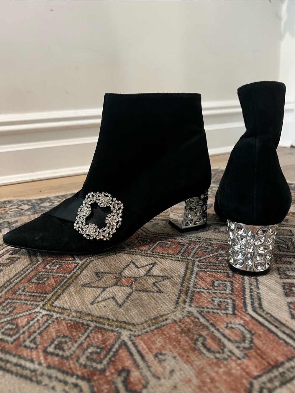 Badgley Mischka Black Suede Crystal Buckle Ankle Boots